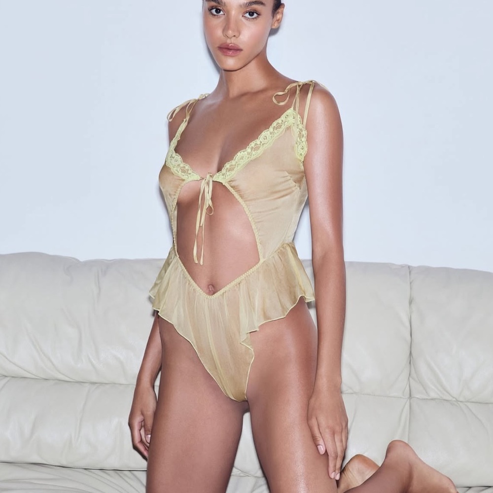 Skims Romance Teddy silk sage XL NWT sheer ruffle Sage Teddy new in package